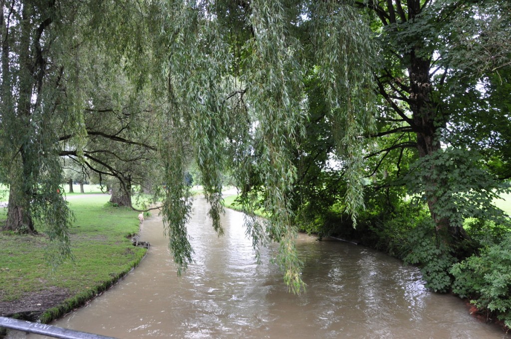 In the English Garden, crossing a swelling creek